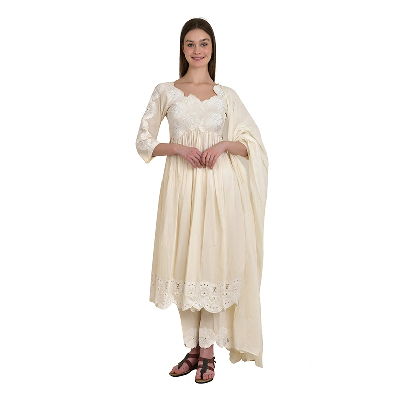 Female model in off-white embroidered anarkali kurta set - ethnic wear ecommerce photography by Lohar Studio Delhi